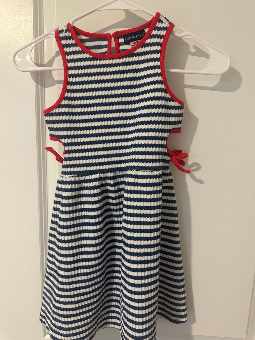 Andy & Evan Girl’s Navy and White Striped Dress with Red Trim